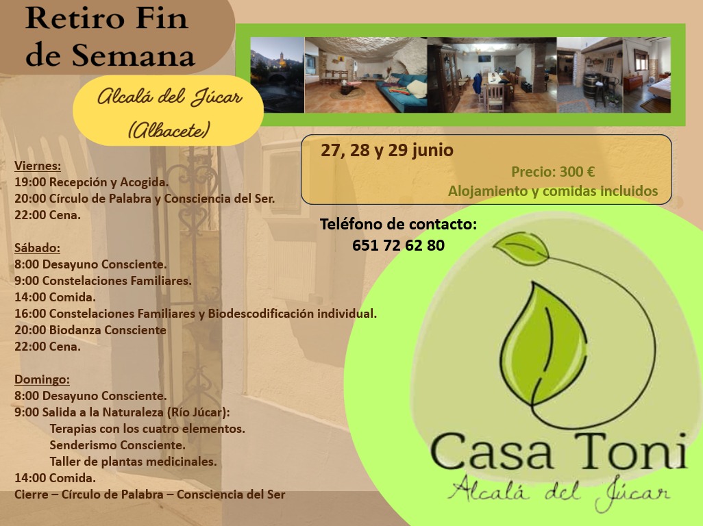 Cartel informativo del próximo retiro de fin de semana en Casa Cueva Toni en Alcalá del Júcar. [Añadir aquí la fecha y tema principales que aparecen en el cartel].